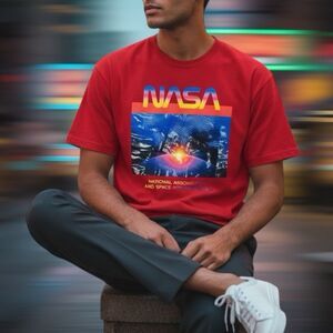 NASA T-Shirt Mens M Red Graphic Space Shuttle Retro Futuristic Astronaut Galaxy